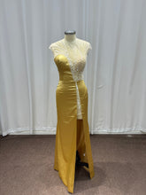 27DRESS Gold Sleeveless Satin Mermaid Evening Dresses with Beaded